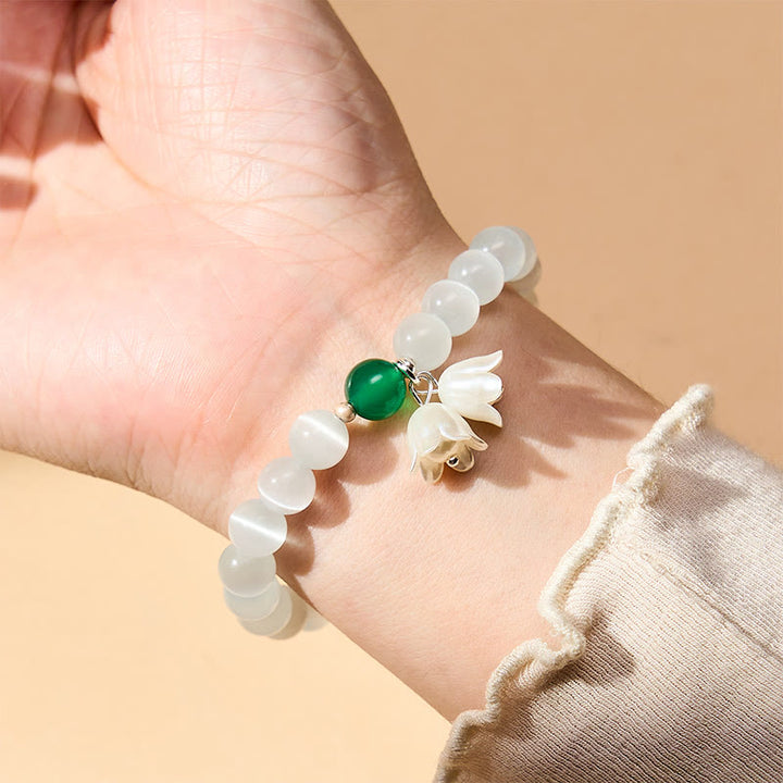 Buddha Stones 8mm ホワイトキャッツアイ ラウンドビーズ スズランの花柄幸運を呼ぶブレスレット - image 2