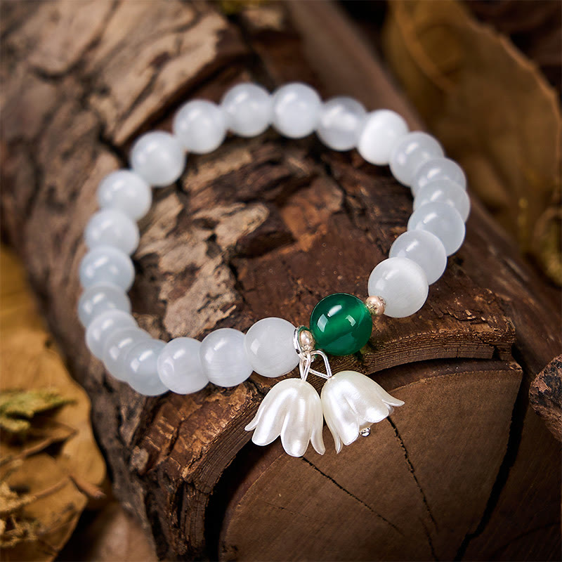 Buddha Stones 8mm ホワイトキャッツアイ ラウンドビーズ スズランの花柄幸運を呼ぶブレスレット - image 4