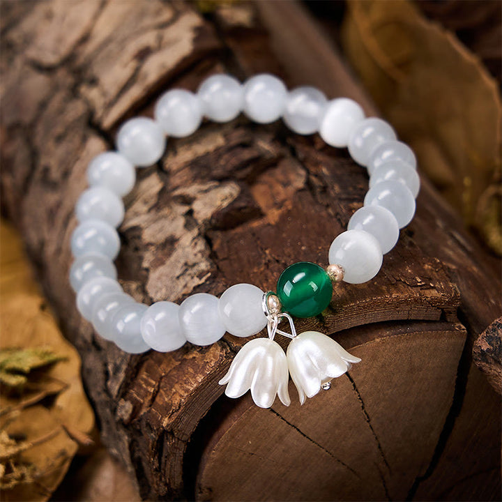 Buddha Stones 8mm ホワイトキャッツアイ ラウンドビーズ スズランの花柄幸運を呼ぶブレスレット - image 4