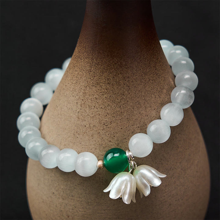 Buddha Stones 8mm ホワイトキャッツアイ ラウンドビーズ スズランの花柄幸運を呼ぶブレスレット - image 5