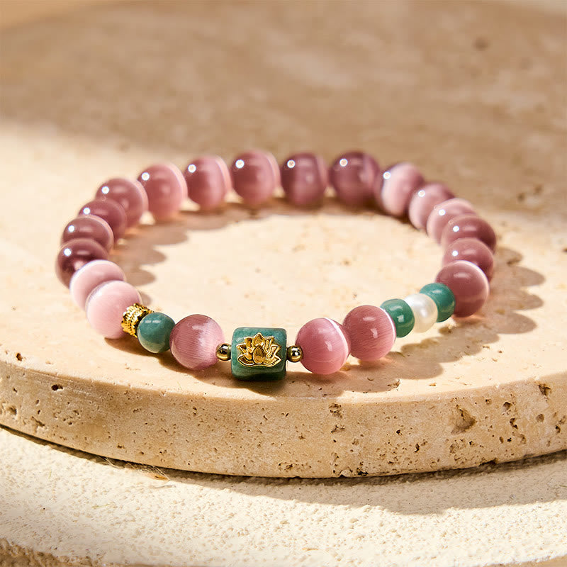 Buddha Stones 紫色のキャッツアイ蓮のシンボルが輝く悟りのブレスレット - パープルキャッツアイ（手首周り15～16cm） - image 0