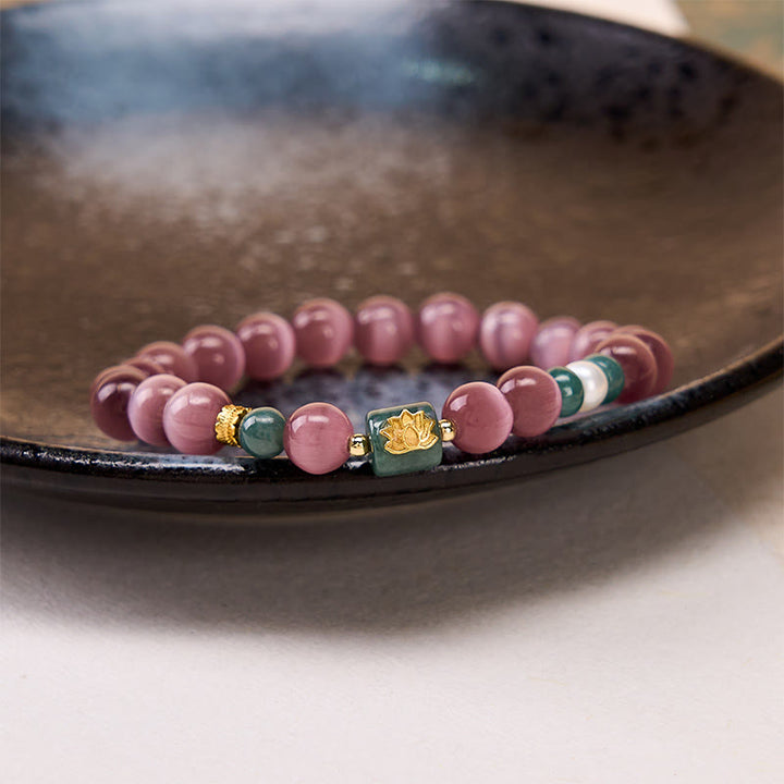 Buddha Stones 紫色のキャッツアイ蓮のシンボルが輝く悟りのブレスレット - image 3