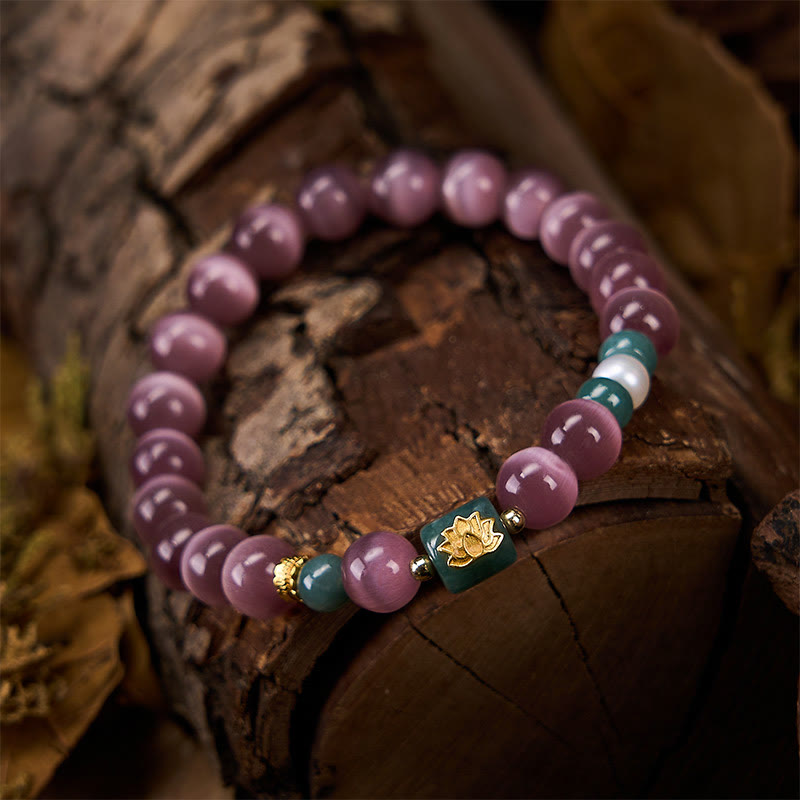 Buddha Stones 紫色のキャッツアイ蓮のシンボルが輝く悟りのブレスレット - image 4