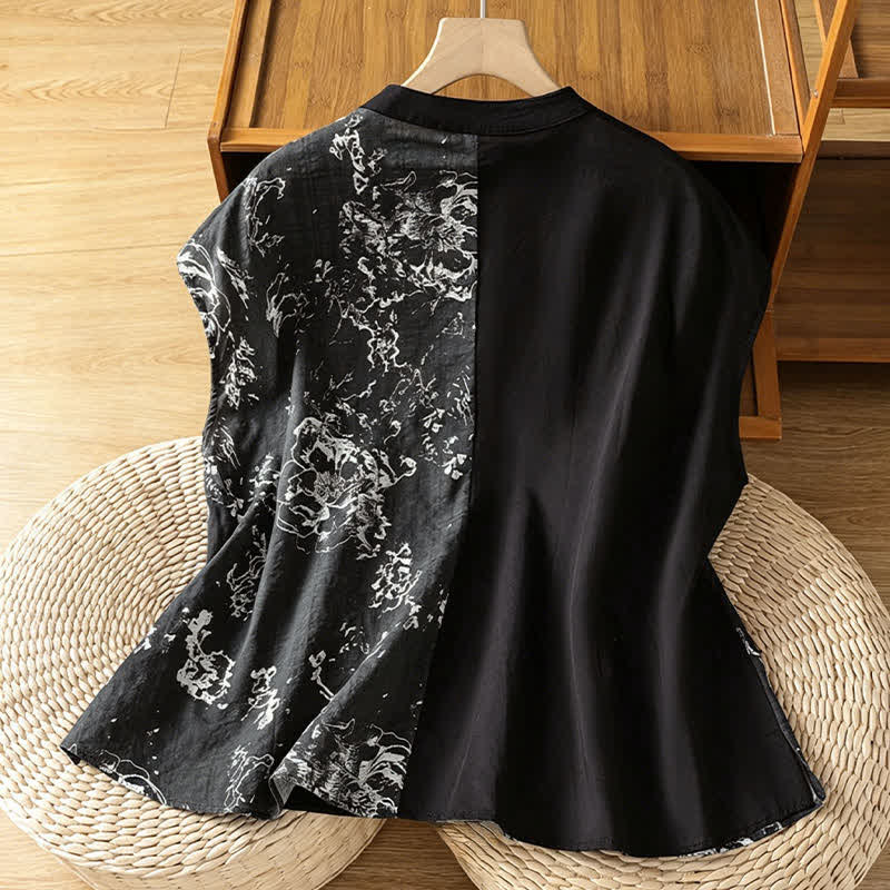 Buddha Stones 夏物ミニマリスト マンダリンカラー アシンメトリー花柄プリント レディース ノースリーブシャツ - image 14