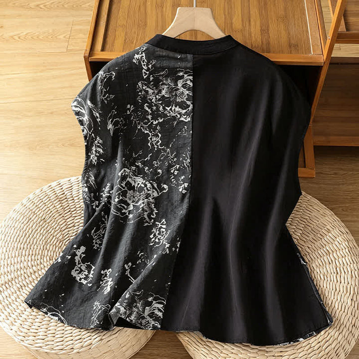 Buddha Stones 夏物ミニマリスト マンダリンカラー アシンメトリー花柄プリント レディース ノースリーブシャツ - image 14