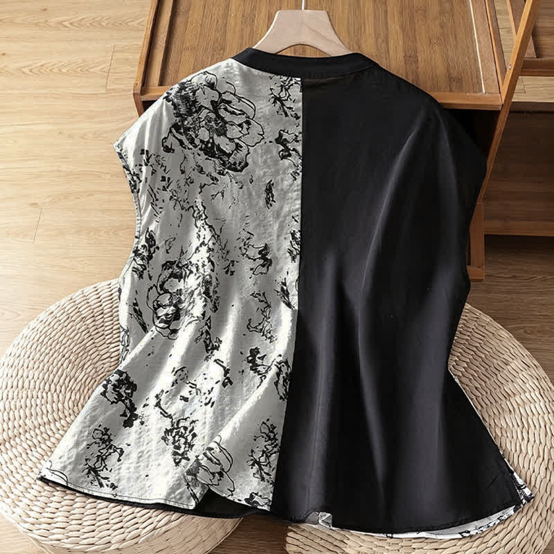 Buddha Stones 夏物ミニマリスト マンダリンカラー アシンメトリー花柄プリント レディース ノースリーブシャツ - image 1