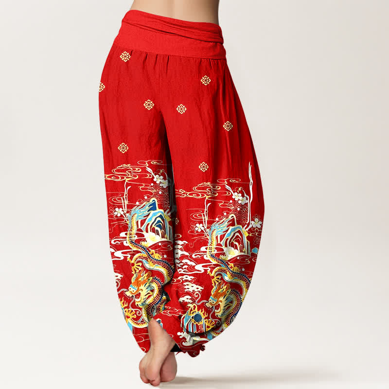 Buddha Stones 純綿素材、龍雲波模様のレディース用ゴムウエストハーレムパンツ - image 6