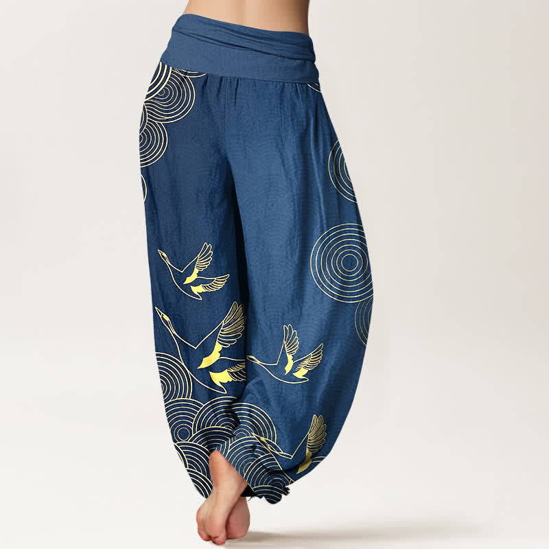 Buddha Stones コットンゴールドバードサークル柄レディースゴムウエストハーレムパンツ - image 1