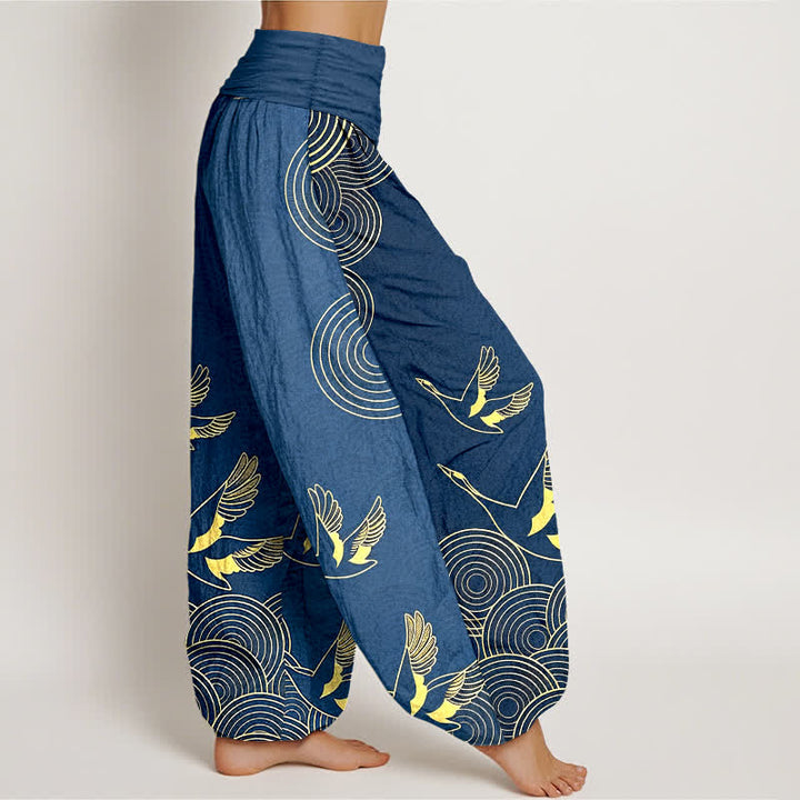 Buddha Stones コットンゴールドバードサークル柄レディースゴムウエストハーレムパンツ - image 2