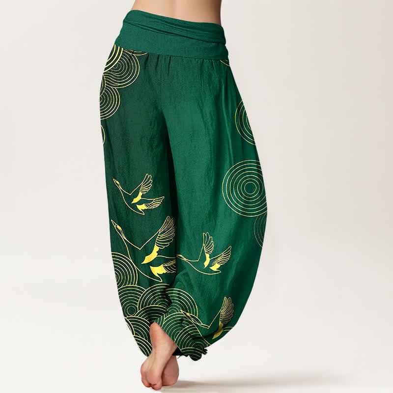 Buddha Stones コットンゴールドバードサークル柄レディースゴムウエストハーレムパンツ - image 6