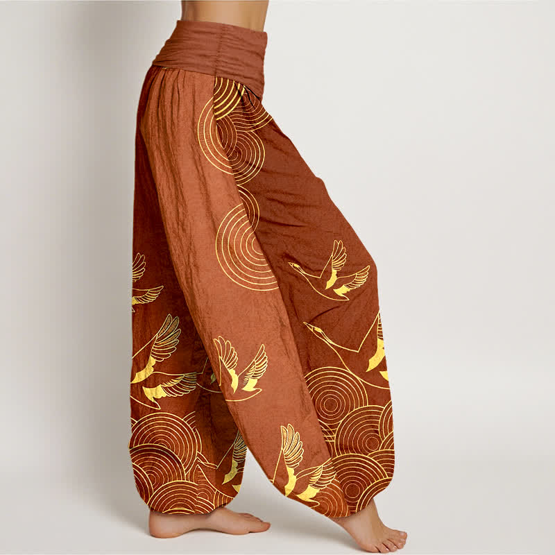 Buddha Stones コットンゴールドバードサークル柄レディースゴムウエストハーレムパンツ - image 10