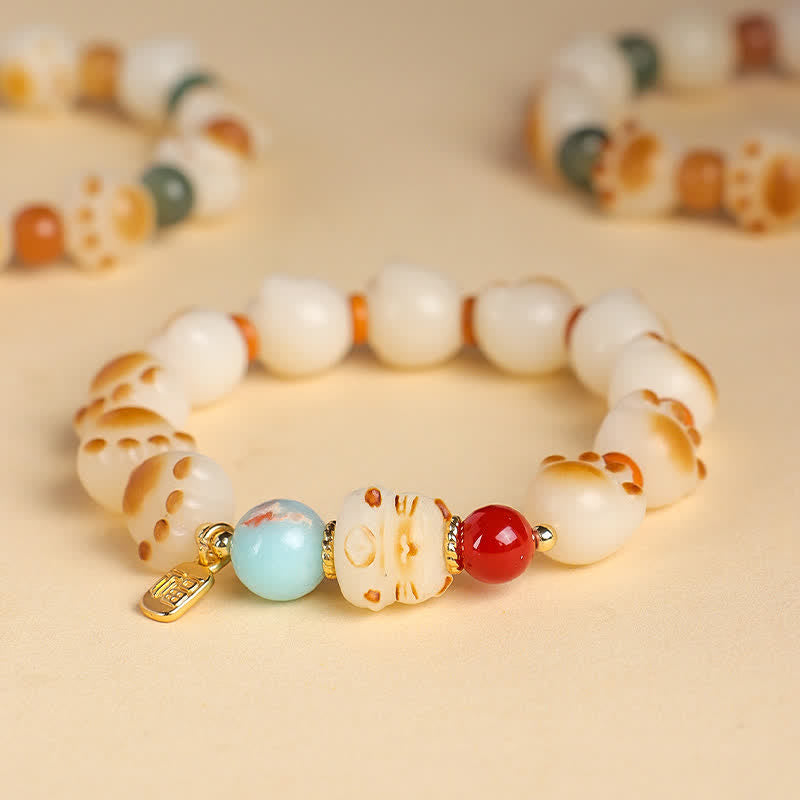 Buddha Stones 天然菩提樹の実入り福字猫足デザイン幸運ブレスレット - image 1