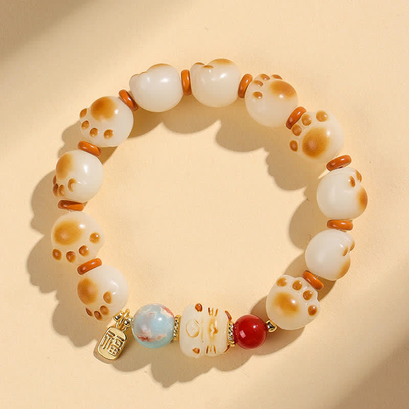 Buddha Stones 天然菩提樹の実入り福字猫足デザイン幸運ブレスレット - 猫の肉球（手首周り：17～18cm） - image 0