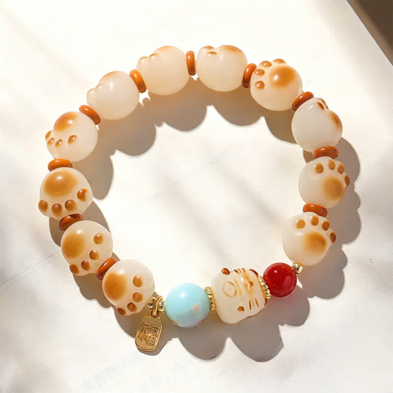 Buddha Stones 天然菩提樹の実入り福字猫足デザイン幸運ブレスレット - image 2