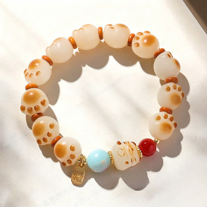 Buddha Stones 天然菩提樹の実入り福字猫足デザイン幸運ブレスレット - image 2