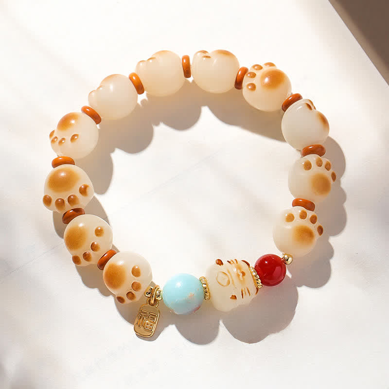 Buddha Stones 天然菩提樹の実入り福字猫足デザイン幸運ブレスレット - image 4
