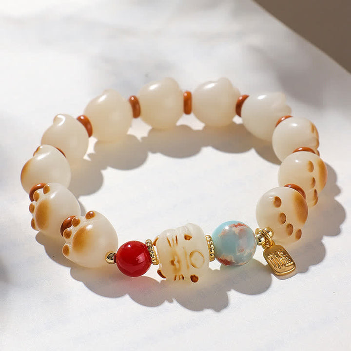Buddha Stones 天然菩提樹の実入り福字猫足デザイン幸運ブレスレット - image 3