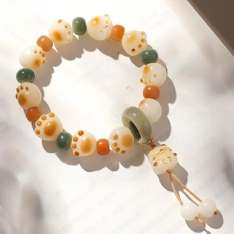 Buddha Stones 天然菩提樹の実入り猫の足跡デザインの開運財運ブレスレット - 猫のペンダント（手首周り：17～18cm） - image 3