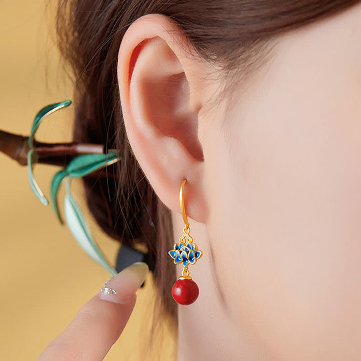 Buddha Stones 辰砂925スターリングシルバーエナメルロータスドロップピアス - image 4