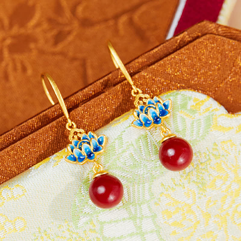 Buddha Stones 辰砂925スターリングシルバーエナメルロータスドロップピアス - image 1