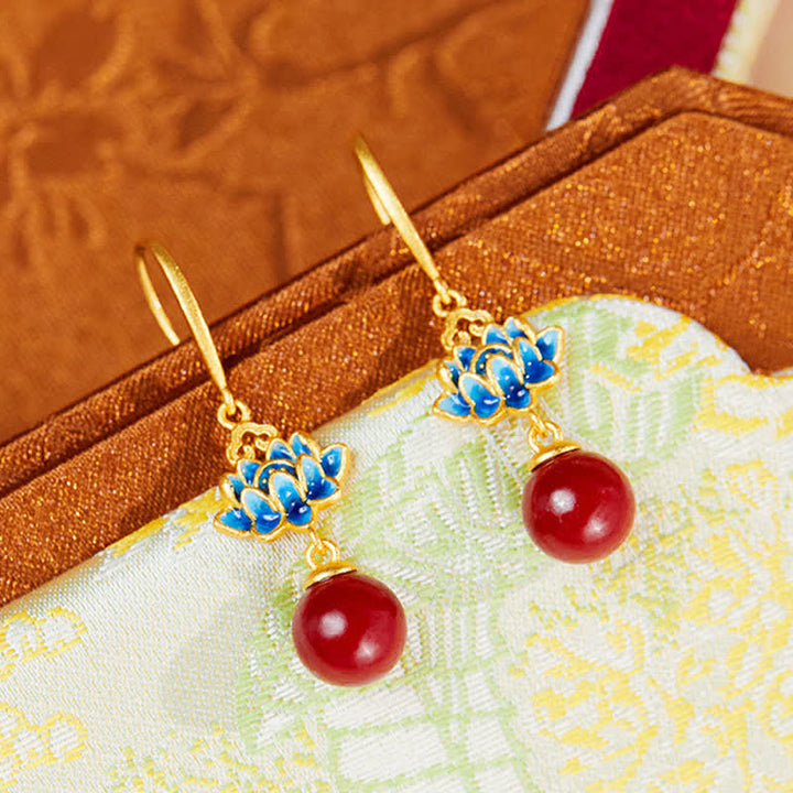 Buddha Stones 辰砂925スターリングシルバーエナメルロータスドロップピアス - image 1
