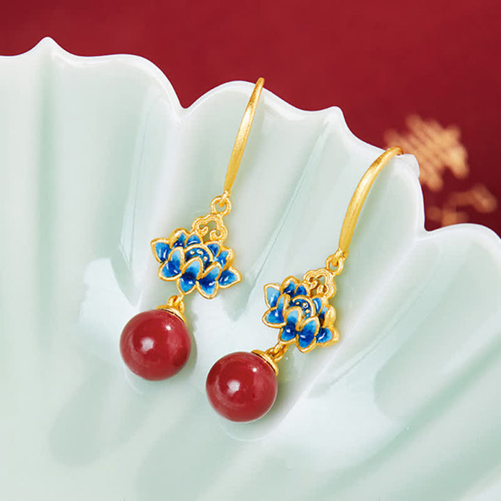 Buddha Stones 辰砂925スターリングシルバーエナメルロータスドロップピアス - image 2