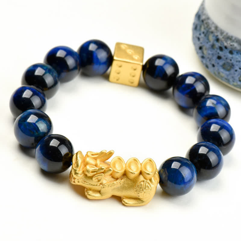Buddha Stones 天然タイガーアイPiXiu芥文字オーム・マニ・パドメ・フム・フムビーズ勇気ブレスレット - ブルータイガーアイの元宝PiXiu（手首周り：17～18cm） - image 23
