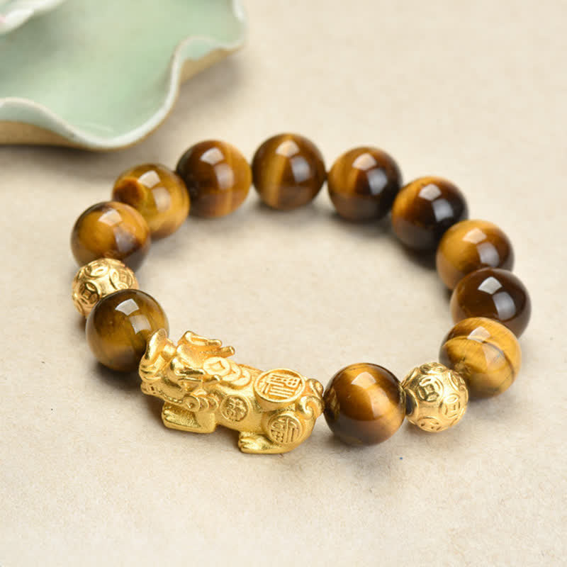 Buddha Stones 天然タイガーアイPiXiu芥文字オーム・マニ・パドメ・フム・フムビーズ勇気ブレスレット - image 1
