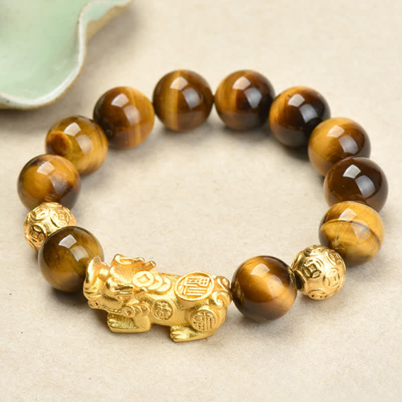 Buddha Stones 天然タイガーアイPiXiu芥文字オーム・マニ・パドメ・フム・フムビーズ勇気ブレスレット - 黄虎目芥字PiXiu（手首周り：17～18cm） - image 0