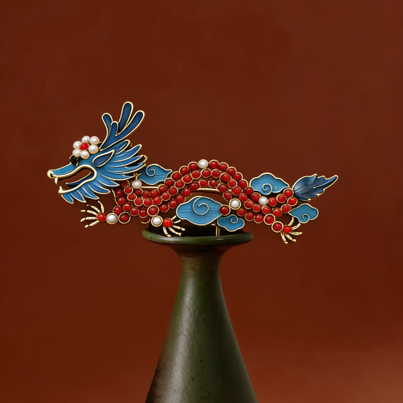 Buddha Stones 青龍と赤トルコ石の幸運のブローチ - ブルードラゴン 7.4×3.3cm - image 0