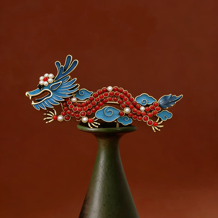 Buddha Stones 青龍と赤トルコ石の幸運のブローチ - ブルードラゴン 7.4×3.3cm - image 0