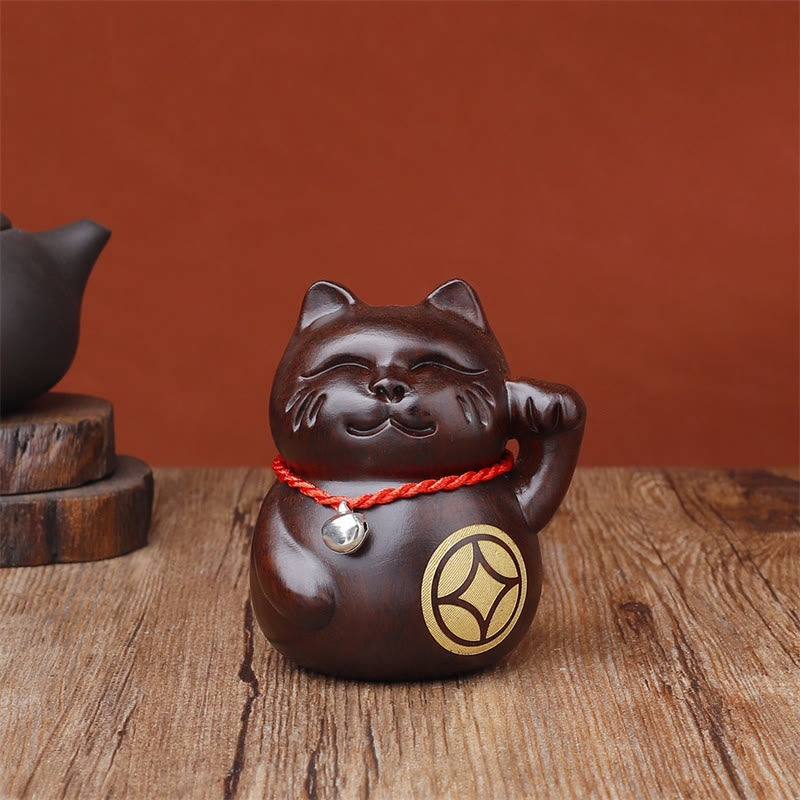 Buddha Stones ミニ招き猫黒檀彫刻装飾品 8cm - 猫コイン - 8cm（色とサイズは異なる場合があります） - image 5