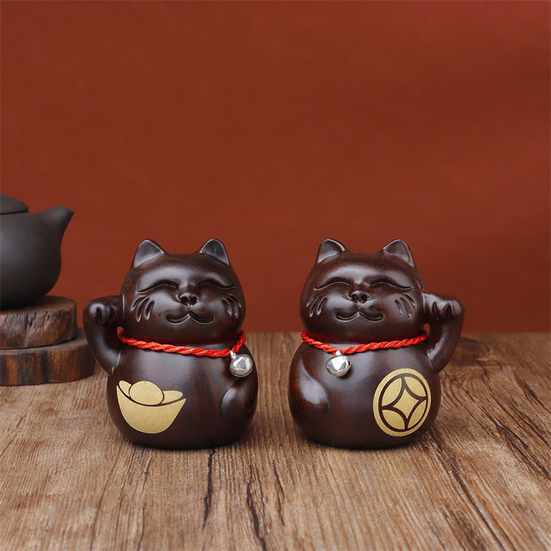 Buddha Stones ミニ招き猫黒檀彫刻装飾品 8cm - 2個入り（ギフトボックス入り） - 8cm（色とサイズは異なる場合があります） - image 0