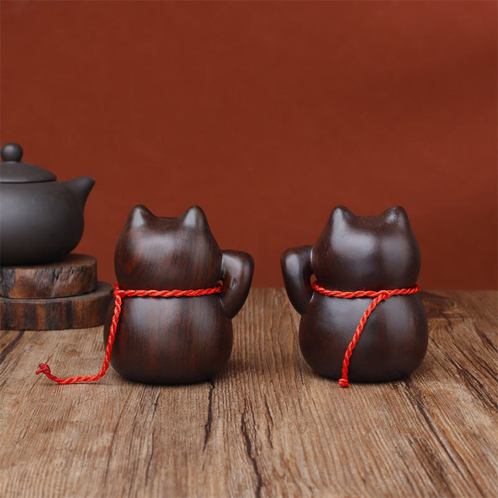 Buddha Stones ミニ招き猫黒檀彫刻装飾品 8cm - image 1