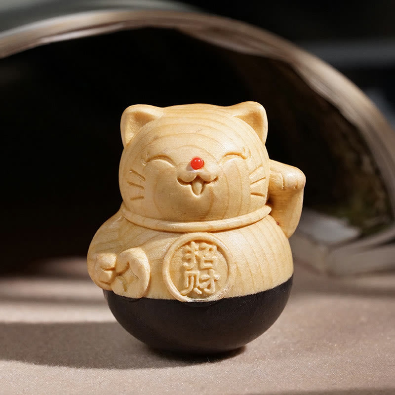 Buddha Stones 富を引き寄せるミニ招き猫黒檀とブナ材彫刻の保護装飾品 4.7*4cm - image 1