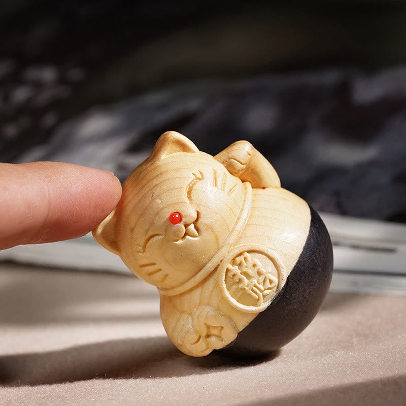 Buddha Stones 富を引き寄せるミニ招き猫黒檀とブナ材彫刻の保護装飾品 4.7*4cm - 4.7×4cm（色とサイズは異なる場合があります） - image 0