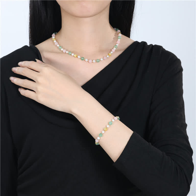 Buddha Stones 天然ローズクォーツ、グリーンストロベリークォーツ、パールビーズのピースネックレス - image 11