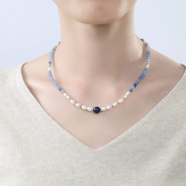 Buddha Stones 天然ブルーアベンチュリン、ラピスラズリ、パールビーズの集中力アップネックレス - image 4