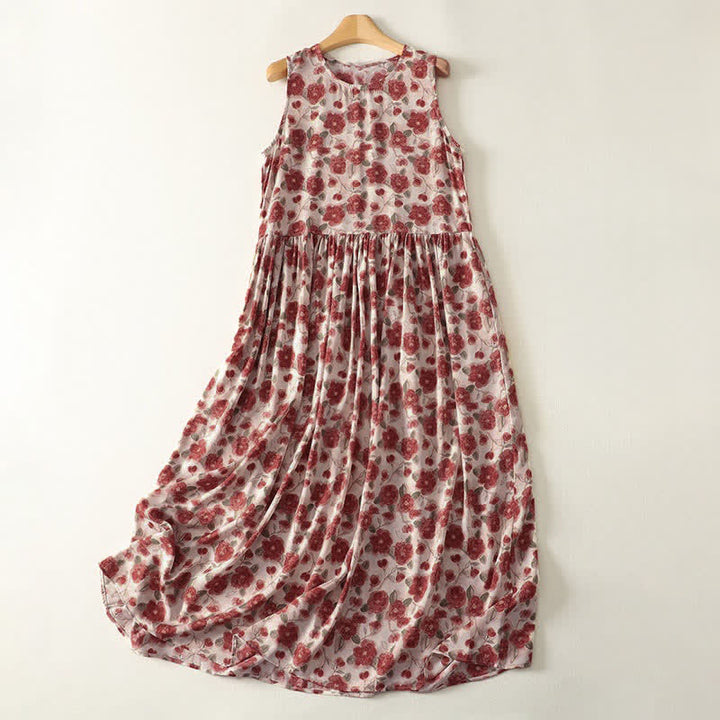 Buddha Stones 夏用花柄シフォン素材のノースリーブワンピース（ポケット付き） - アンティークホワイト - US12、 UK/AU16、 EU44 (2XL) - image 0