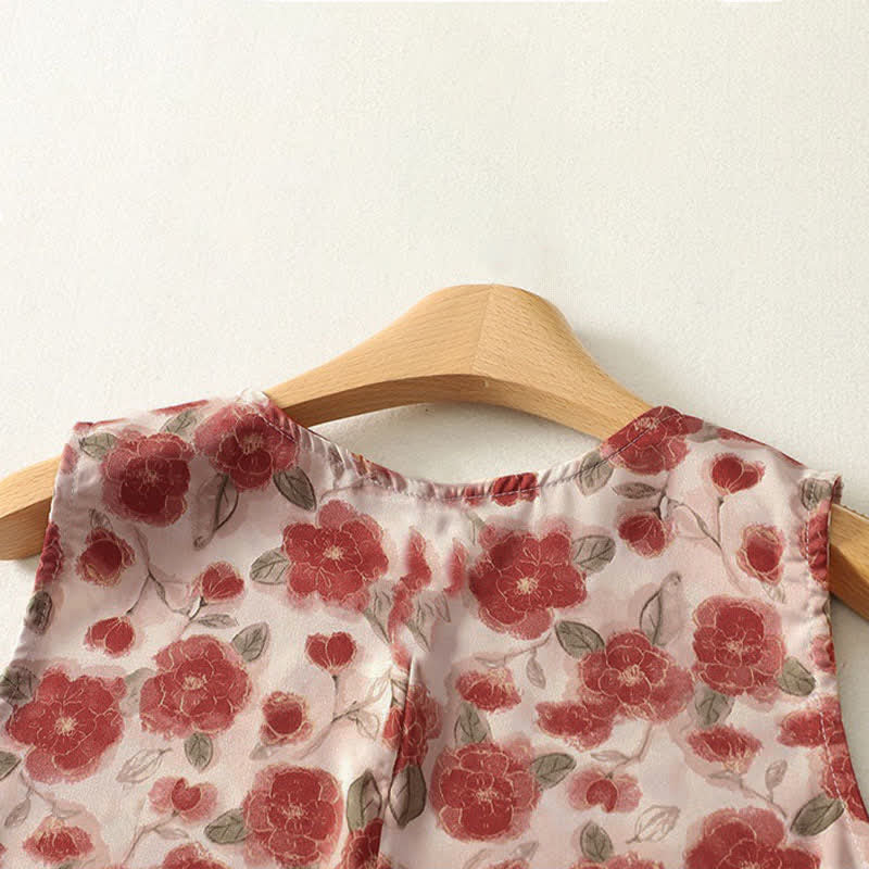 Buddha Stones 夏用花柄シフォン素材のノースリーブワンピース（ポケット付き） - image 3