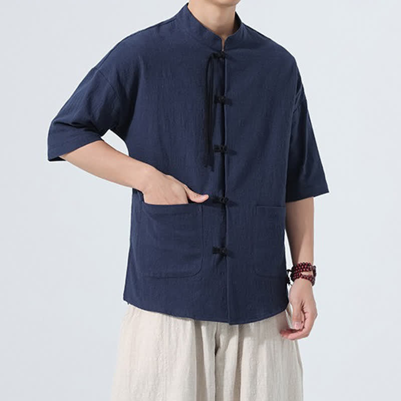 Buddha Stones 夏物カジュアル マンダリンカラー フロッグボタン 無地 メンズ半袖シャツ ポケット付き - image 20