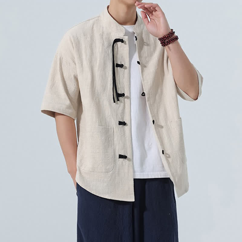 Buddha Stones 夏物カジュアル マンダリンカラー フロッグボタン 無地 メンズ半袖シャツ ポケット付き - image 5
