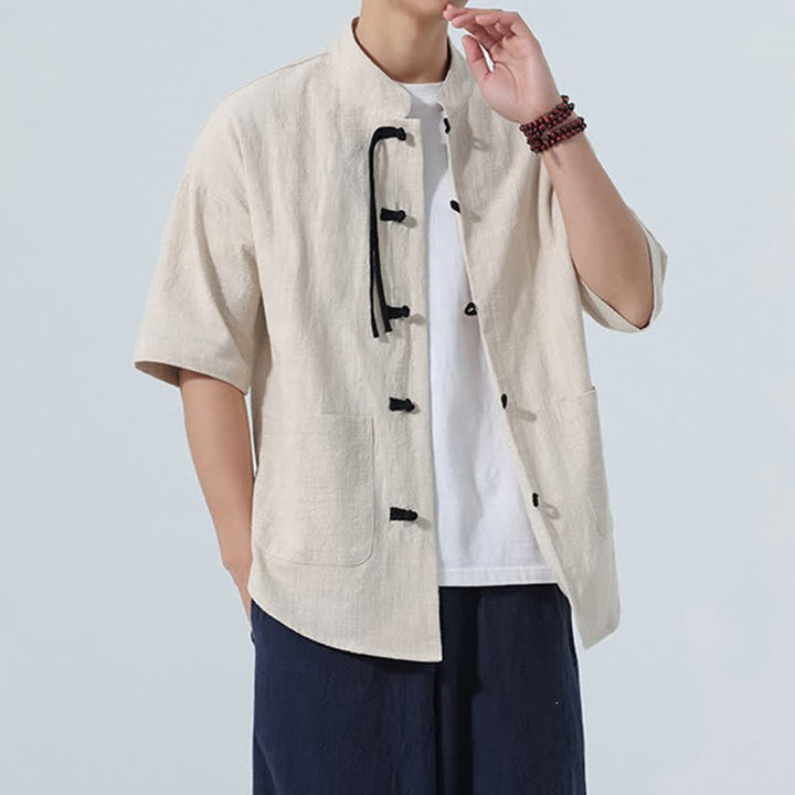 Buddha Stones 夏物カジュアル マンダリンカラー フロッグボタン 無地 メンズ半袖シャツ ポケット付き - image 5