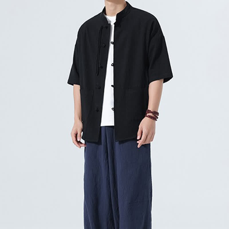 Buddha Stones 夏物カジュアル マンダリンカラー フロッグボタン 無地 メンズ半袖シャツ ポケット付き - image 14