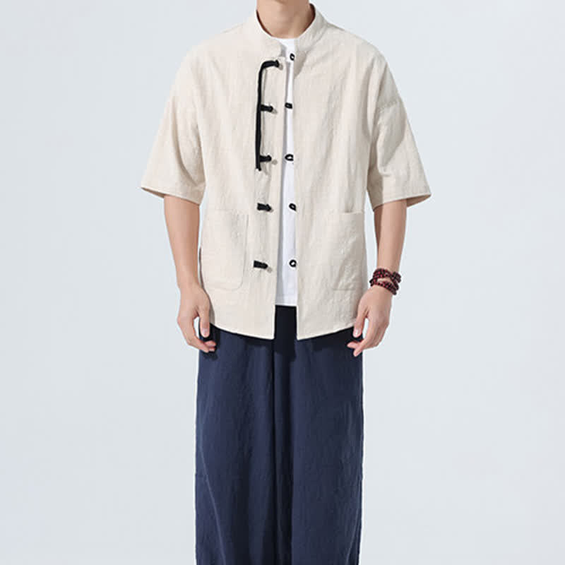 Buddha Stones 夏物カジュアル マンダリンカラー フロッグボタン 無地 メンズ半袖シャツ ポケット付き - image 6