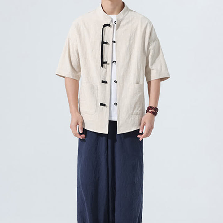 Buddha Stones 夏物カジュアル マンダリンカラー フロッグボタン 無地 メンズ半袖シャツ ポケット付き - image 6