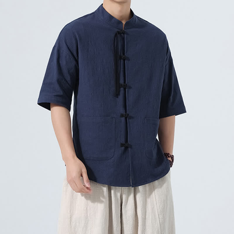 Buddha Stones 夏物カジュアル マンダリンカラー フロッグボタン 無地 メンズ半袖シャツ ポケット付き - image 19