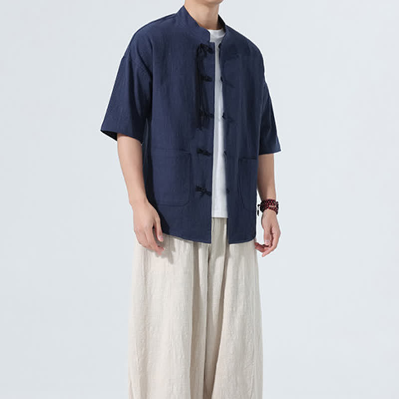 Buddha Stones 夏物カジュアル マンダリンカラー フロッグボタン 無地 メンズ半袖シャツ ポケット付き - image 18