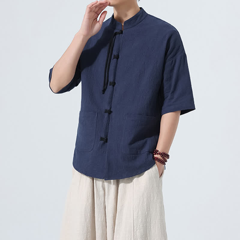 Buddha Stones 夏物カジュアル マンダリンカラー フロッグボタン 無地 メンズ半袖シャツ ポケット付き - image 21