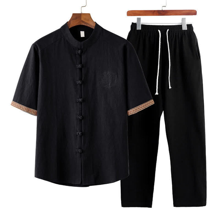 Buddha Stones 夏物 2点セット マンダリンカラー フロッグボタン 無地 半袖シャツ ハーレムパンツ メンズ 瞑想服 ポケット付き - 黒 - US/UK/AU46、 EU56 (5XL) - image 11